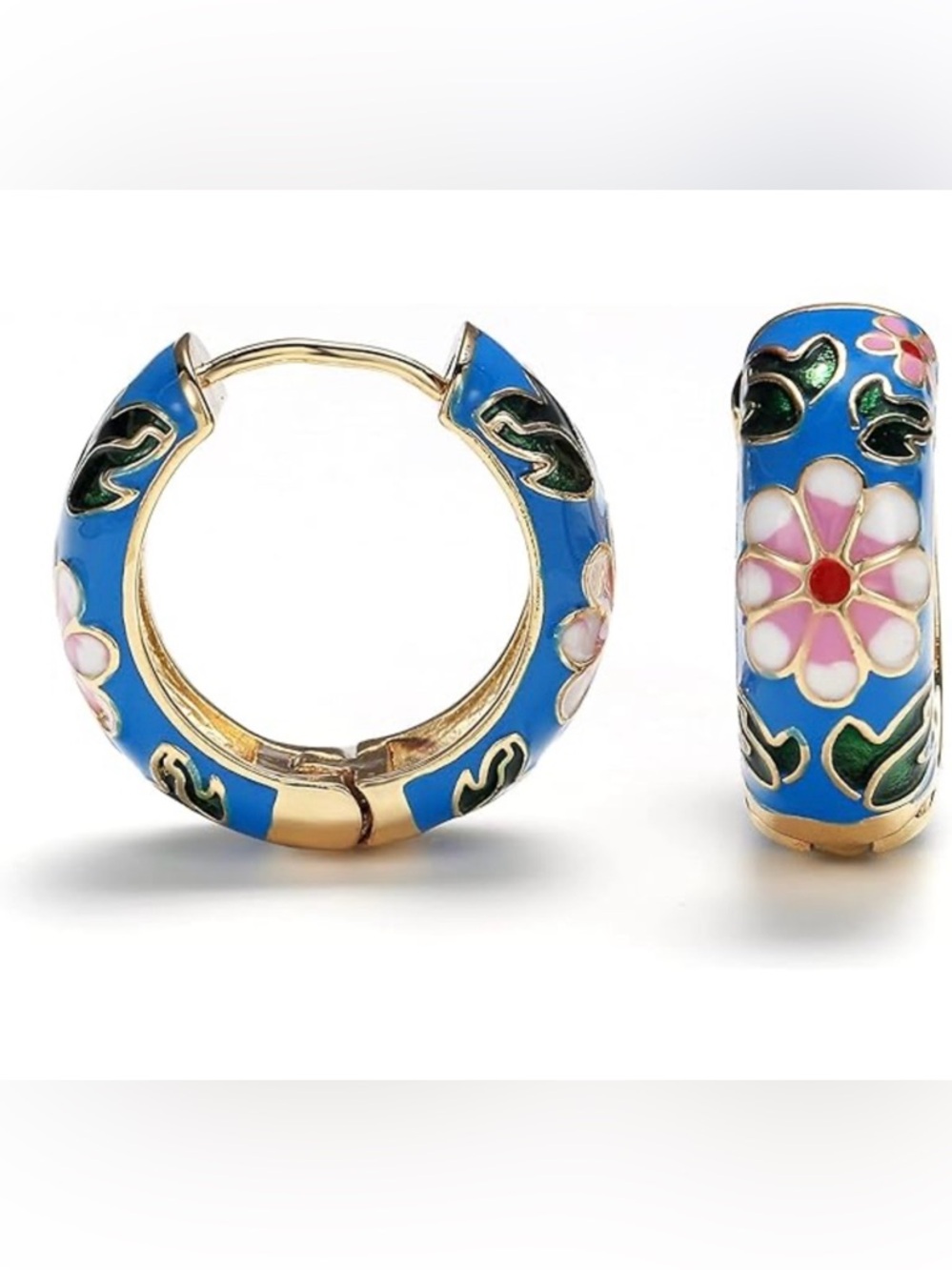 Anthropologie Blue Enamel Floral Hoop Earrings